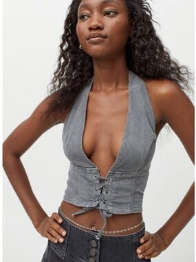 BDG Corduroy Lace-Front Halter Top Gray Crop, Urban Outfitters, large